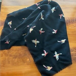 Vintage Talbots Black Scarf with Colorful Bird Pattern